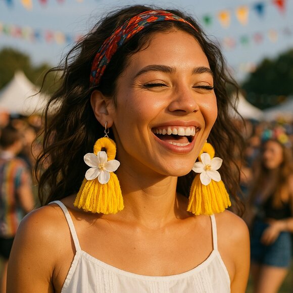 New Boho Vacation Cruise Yellow Tassel Floral Accent Handmade Statement Earrings - Picture 1 of 3